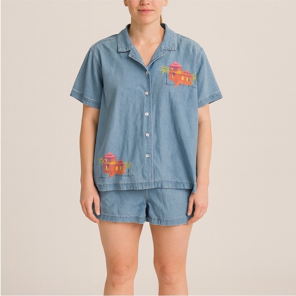 💜Vintage Resortwear Size Large Denim Chambray Beach Hut Button Down-Top